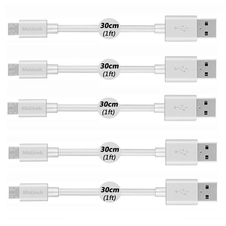 [5 штук] MaGeek 30 см/1 фута x 5 шт. короткий Micro USB кабель высокоскоростное зарядное устройство кабели для мобильных телефонов для samsung htc Xiaomi - Цвет: White