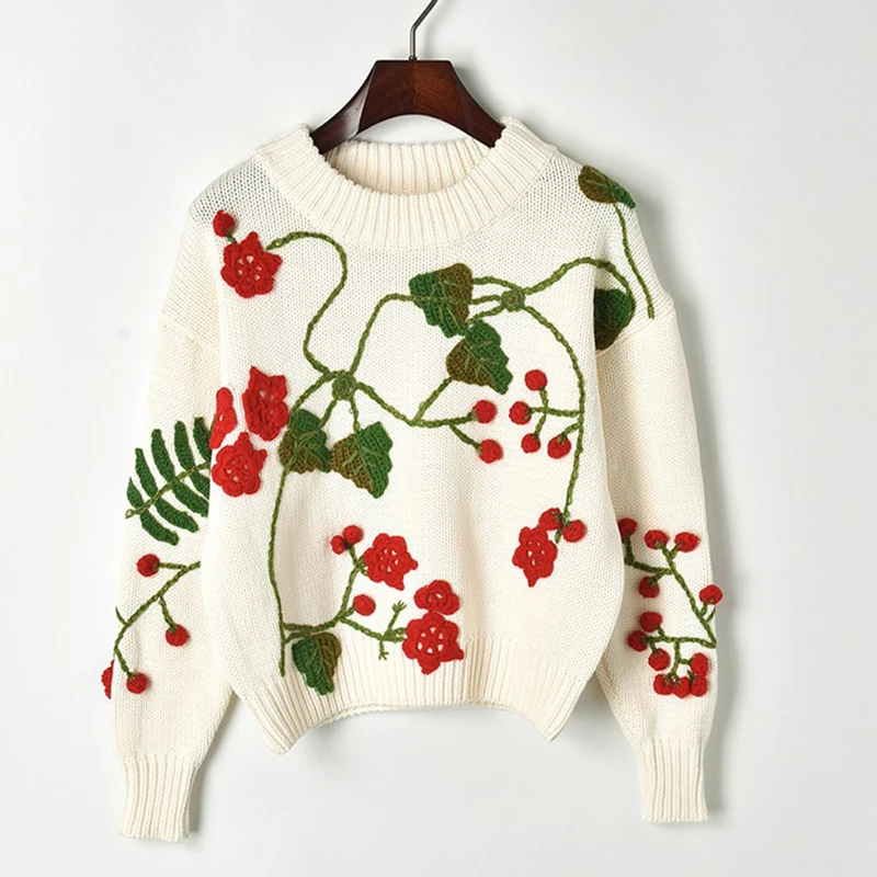 

2018 New Hand Knitted 3D Flowers Cherry Leaves Thick Winter Sweater Women Autumn Long Sleeve O-neck Knitted Sweater Woman White