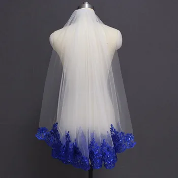 

Royal Blue Sequined Lace White Ivory Bridal Veil One Layer Short Shine Wedding Veil with Comb Velos de Novia