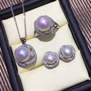 

FENASY Pearl Jewelry Sets Pearl Pendant Necklace 925 Sterling Silver Stud Earrings For Women Big Rose Ring Bridal Fine Jewelry