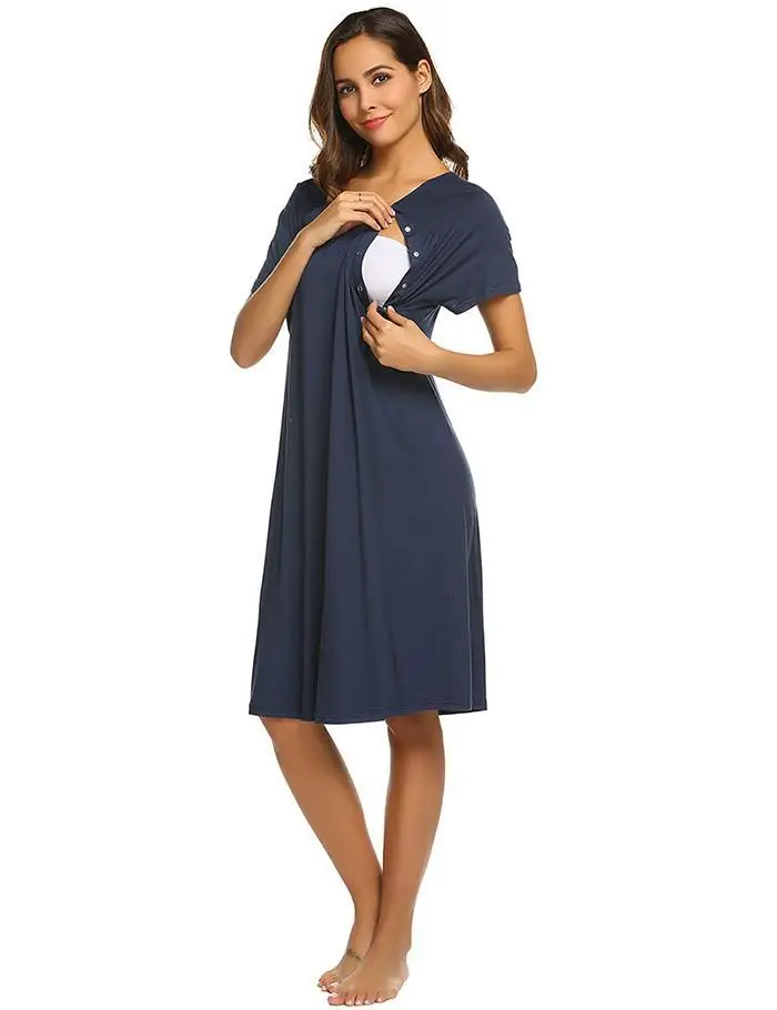 Ekouaer летняя ночная рубашка Для женщин Ночное платье Повседневное с О-образным вырезом короткий рукав, Однотонная футболка на пуговицах, для девочек грудного вскармливания материнства ночная рубашка