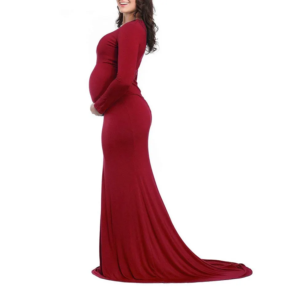 VOGUEON Women V Neck Maternity Dress Long Sleeve Ruched Maxi Photography Clothes Lady Mermaid Pregnant Baby Shower Evening Gown