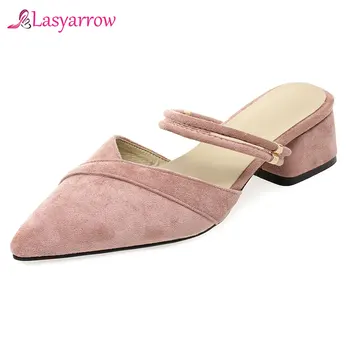 

Lasyarrow Women Med Heel Slippers Fashion Brand Mule Shoes Pointed Toe Square Heel Slides Sandal Ladies PU Leather Zapatos Mujer