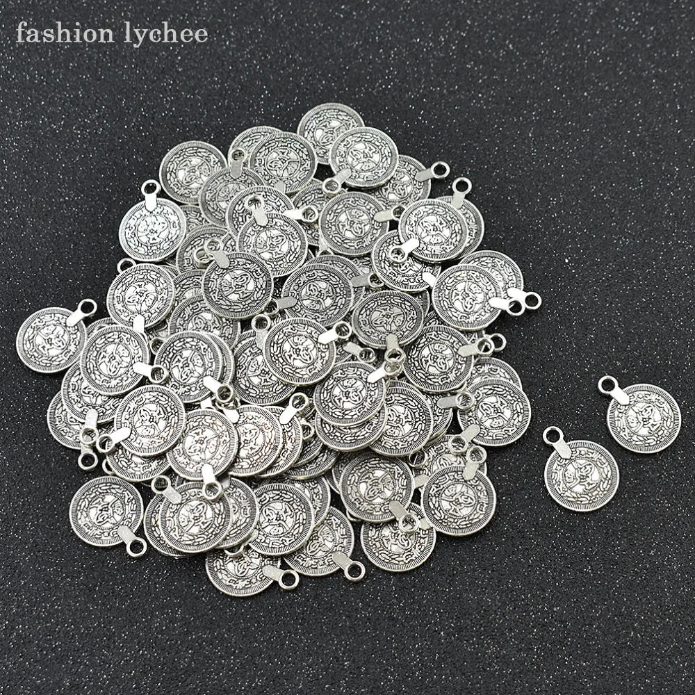 

fashion lychee 100pcs Tibetan Silver Round Coin Shape Metal Geometric Charm For Jewelry Making Necklace Pendant
