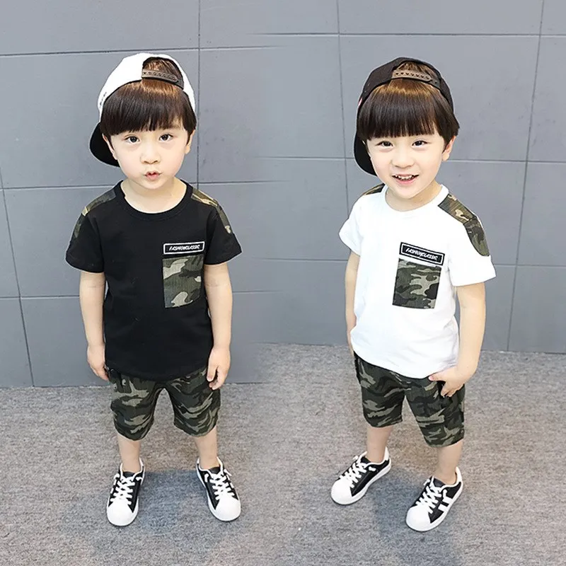 

Summer Children's Camouflage Sports Short-Sleeved T-Shirt Cropped Pants Two-Piece Set Kid Children Boy Clothes Sets 3-12Y