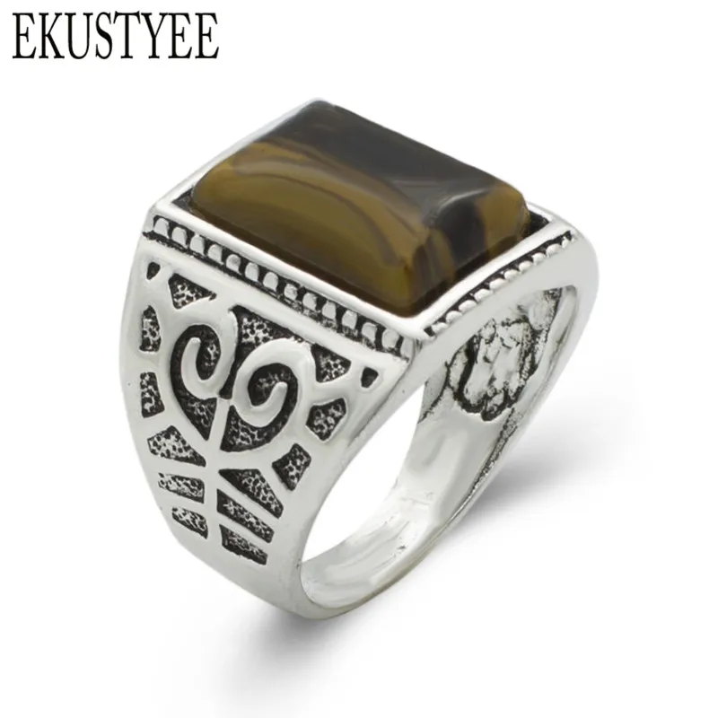

Charm Antique Silver Rings Imitation Natural Tiger Eye Stone Finger Ring Jewelry Accessories for Men