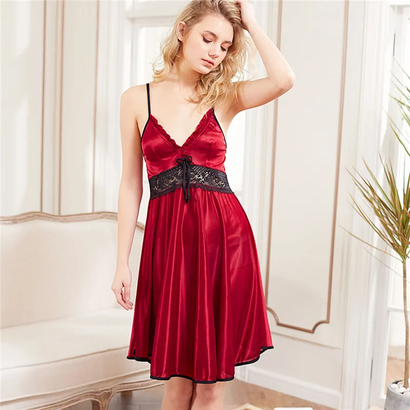 COLROVIE новые модные красные ночные рубашки без рукавов с кружевными вставками женские ночные платья на тонких бретельках сексуальное платье для сна - Цвет: Красный