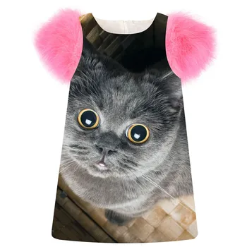 

Kids Dresses Girls Dress Toddler fashion Spring/Autumn faux fur sleeve girls printing A cute gray cat baby Clothing Children