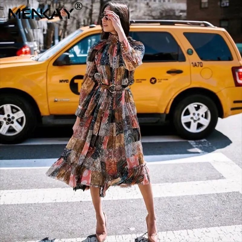 

[MENKAY] Print Women Dress V Neck High Waist Hit Color Ruffles Lantern Sleeve Big Size Long Beach Dresses Female Vintage 2019