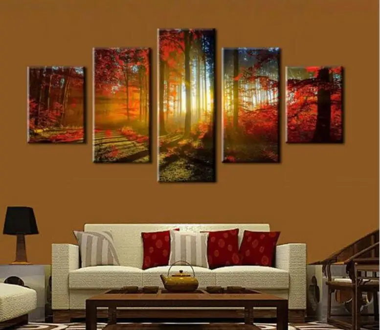 5 Panel Modern Wall Art Home Decor Sunshine Red Trees ...