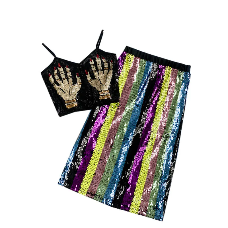 

NiceMix 2019 Spring Women's Multicolor Stripe Rainbow All-over Sequins High Waist Skirts +palm of the devil sequin Crop Top 2pc