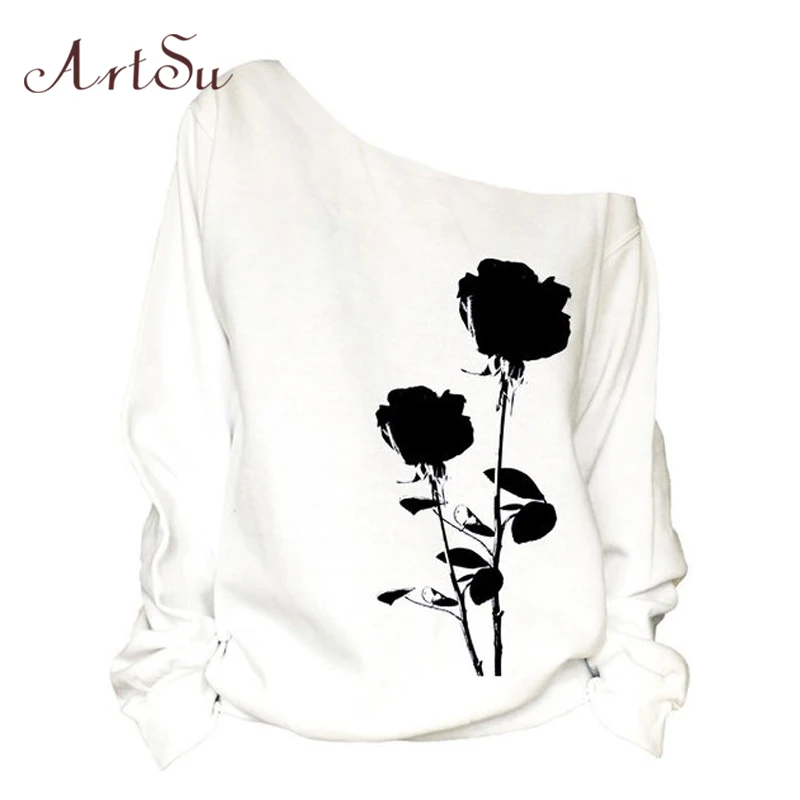  ArtSu Black Flower Printed One Shoulder Sweatshirt for Women Sexy Long Sleeve Casual Loose Autumn W