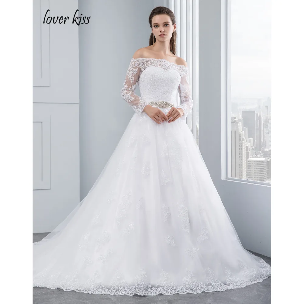 Lover Kiss Wedding Dresses Princess Lace Bridal Bride Gowns with veil robe de mariage Luxury Vintage Long Sleeves off Shoulder 1