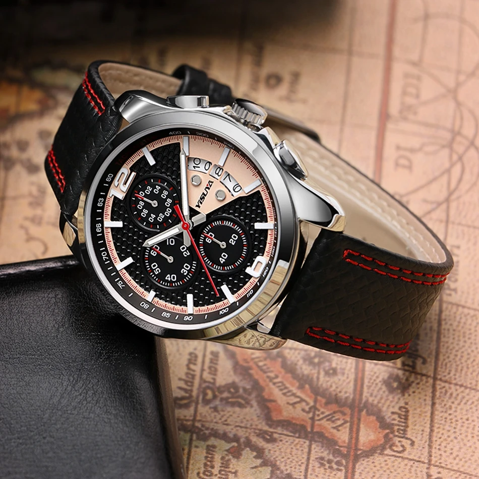 YISUYA Army Aviator Wrist Watch Genuine Leather Band  Analog Daily Water Resistant Cool Date Quartz Chronograph Men Outdoor (3)
