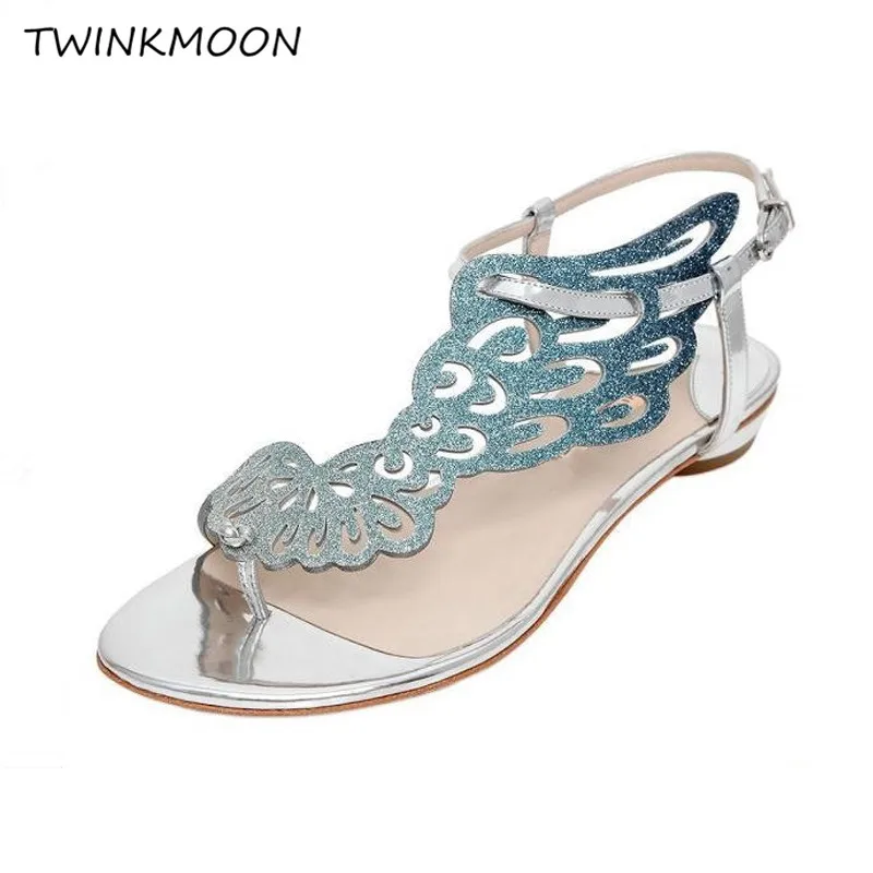 

2019 Runway Flat Sandals Women Butterfly Wing Sandals Fashion Flat Summer Shoes Glitter Bling Wedding Party chaussures femme