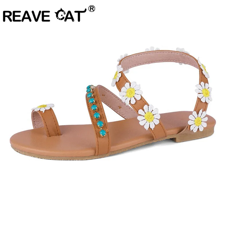 Женские пляжные сандалии на плоской подошве REAVE CAT милые летние без застежки
