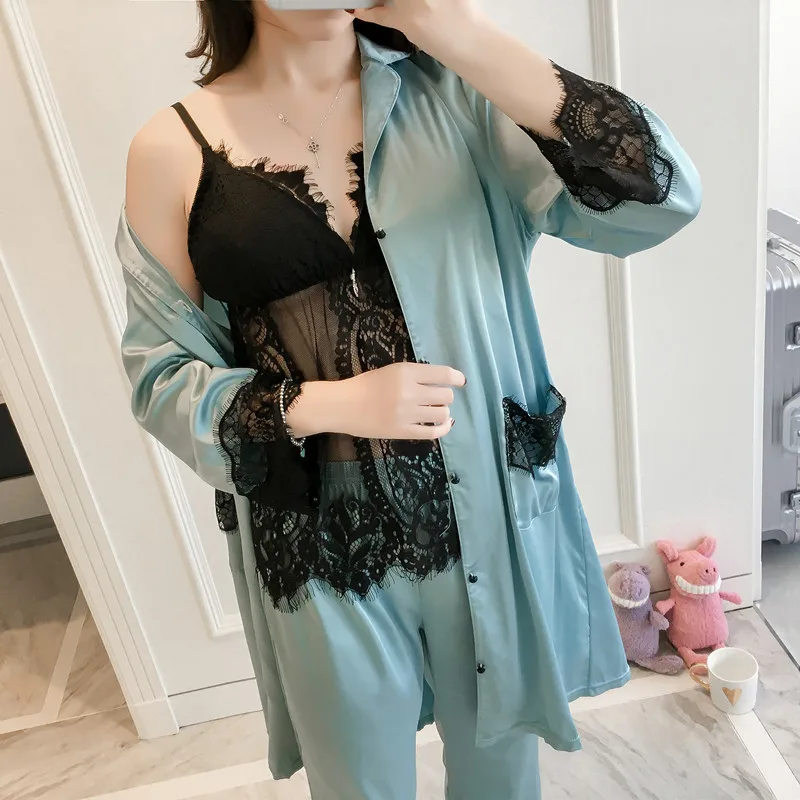 

Pajama Set 2019 Spring Women Sexy Sleepwear Pure Color Black Lace V-Neck Sleeveless Pyjamas Cute Polyester Shorts Coat Trousers