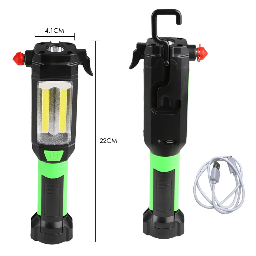 COB светодиодный фонарик Магнитный рабочий свет заряжаемый через интерфейс USB фонарь складной крюк Фонарь с лампой для палатки автомобиля молоток аварийный инструмент