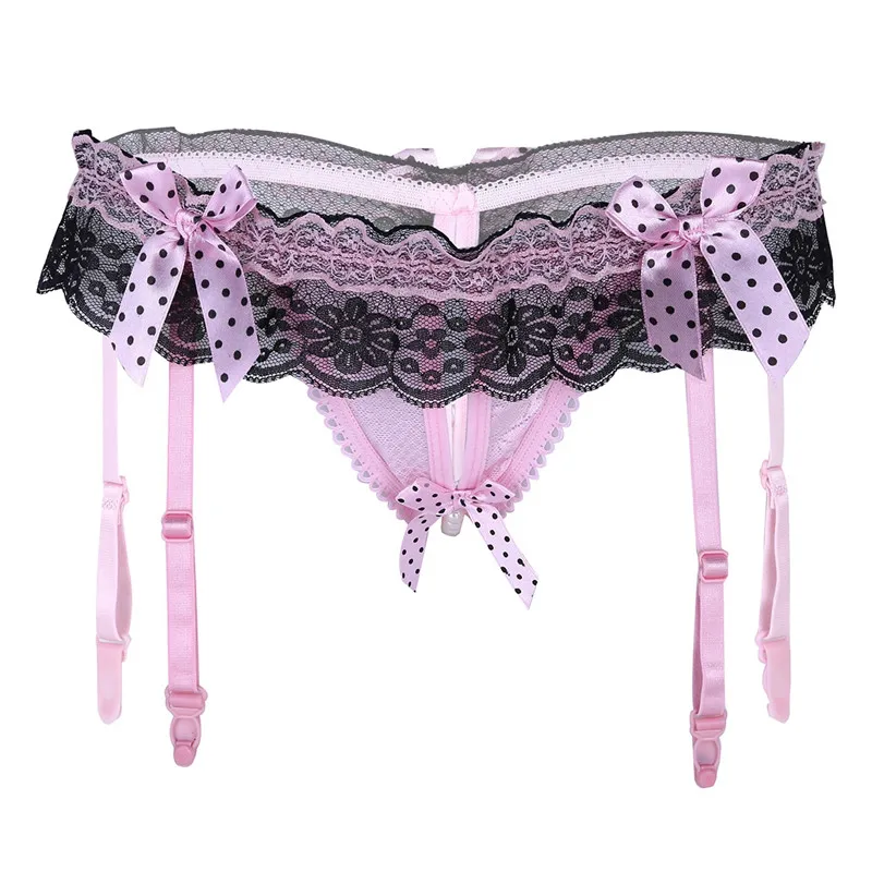 Женское белье с вырезом и открытой спиной, кружевные трусики с бантом и низким подъемом, нижнее белье с подвязками, сексуальные трусики, трусы - Цвет: Pink
