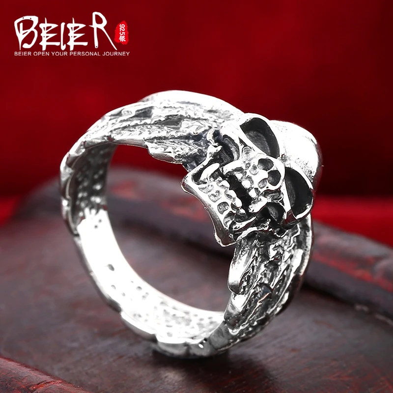 Beier 925 silver sterling jewelry 2015 new style skull man ring feather D1053