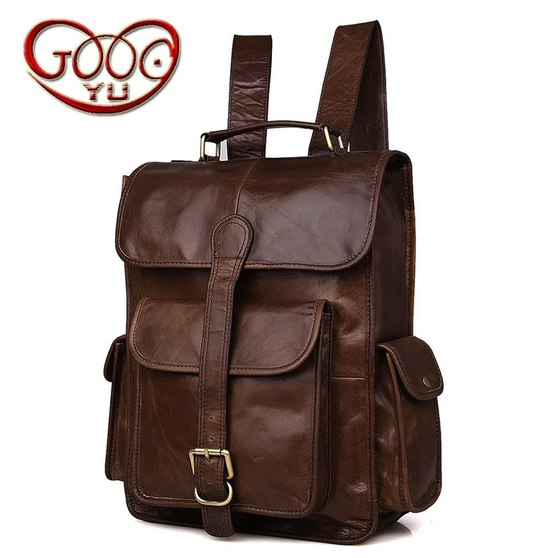 

Nostalgic retro style leather backpack first layer of leather upright square covered computer bag