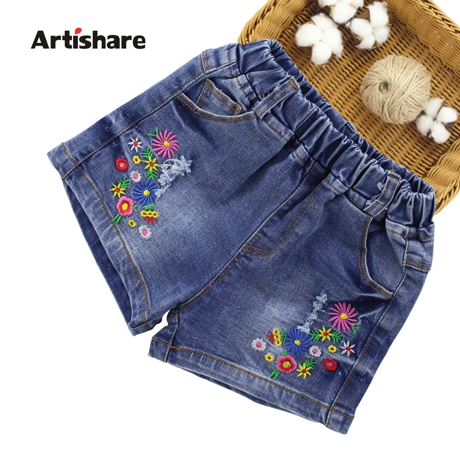 Джинсы Artishare для девочек Короткие повседневные с цветочной вышивкой джинсовая