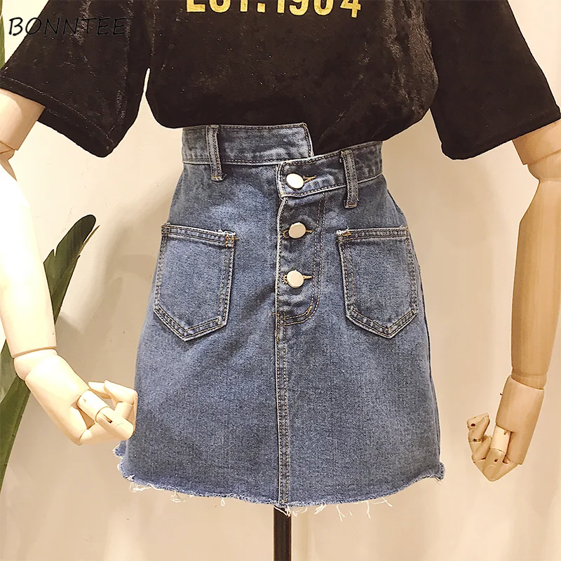 

Skirts Women Korean High Waist Denim Summer Above Knee Skirt Womens Chic Retro Students Elegant Plus Size A-Line Single Breasted