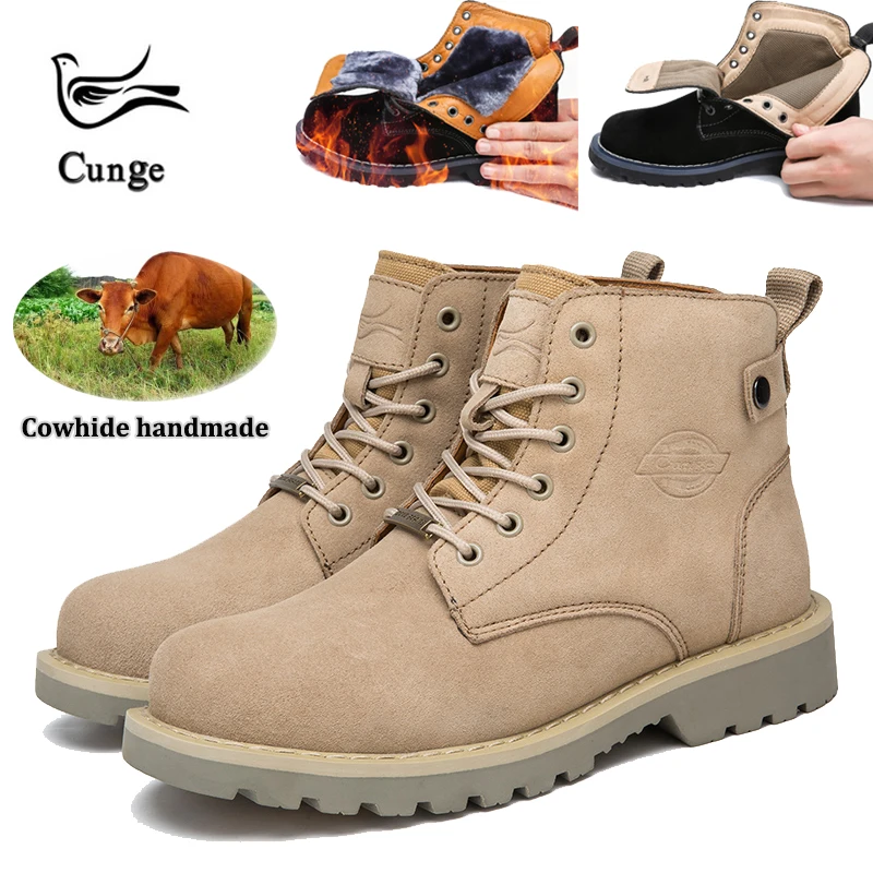 

cunge mens work boots hiking shoes winter warm shoes women short martin boots snow handmade leather shoes non-slip unisex 35-45