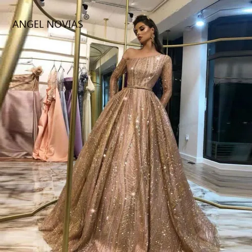 Сделанное на заказ Золотое вечернее платье с длинными рукавами на одно плечо блестящее кружевное арабское Abendkleider Abiye Gece Elbisesi Вечерние платья - Цвет: Многоцветный