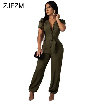 

Single-Breasted Sexy Rompers Womens Jumpsuit Deep V Neck Short Sleeve Bodycon Overall Summer Sashes Lantern Full Length Bodysuit