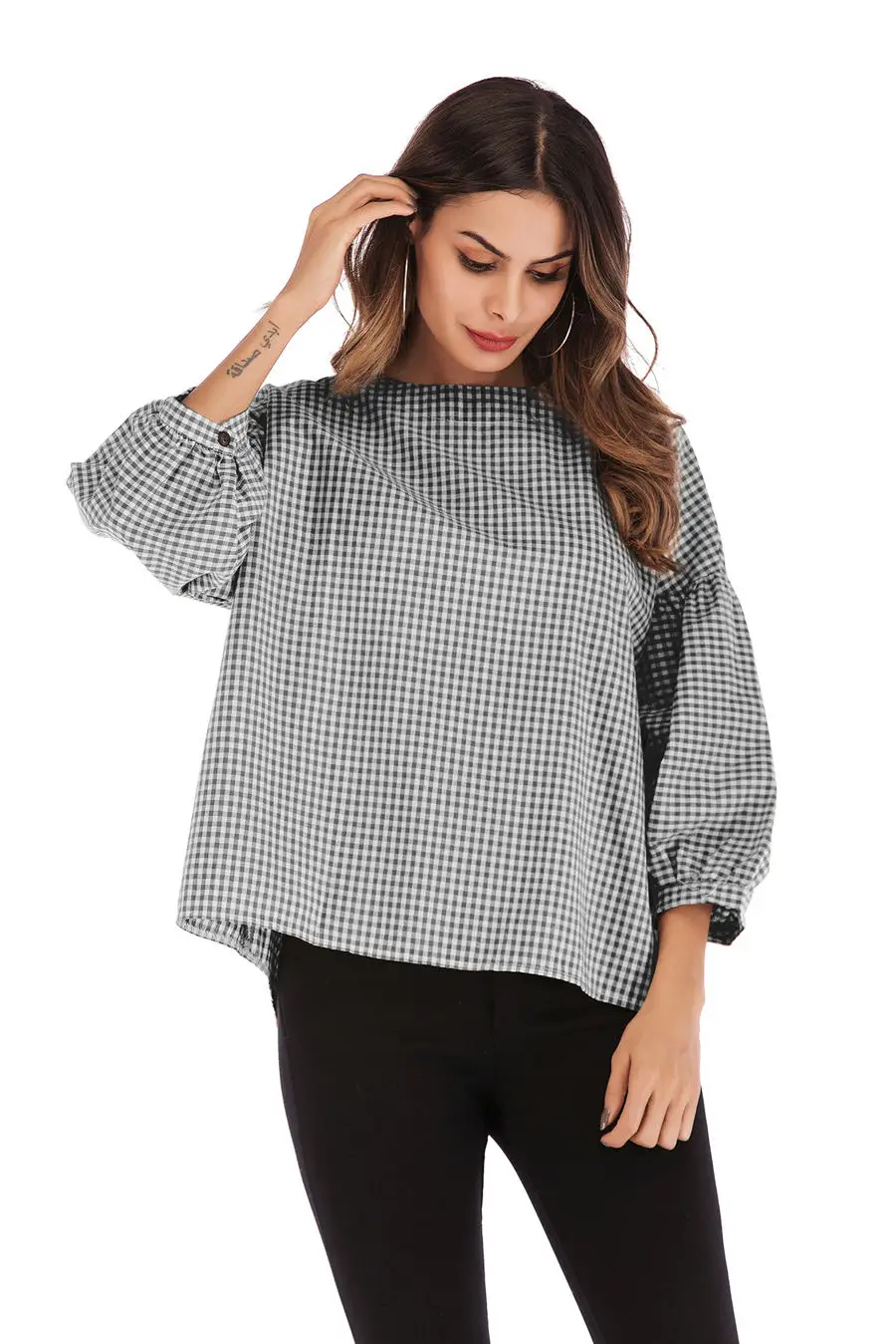 Gladiolus New 2019 Spring Plaid Shirt Women Puff Sleeve O Neck Button Loose Blouse Women Shirts Summer Casual Ladies Shirt Tops (17)