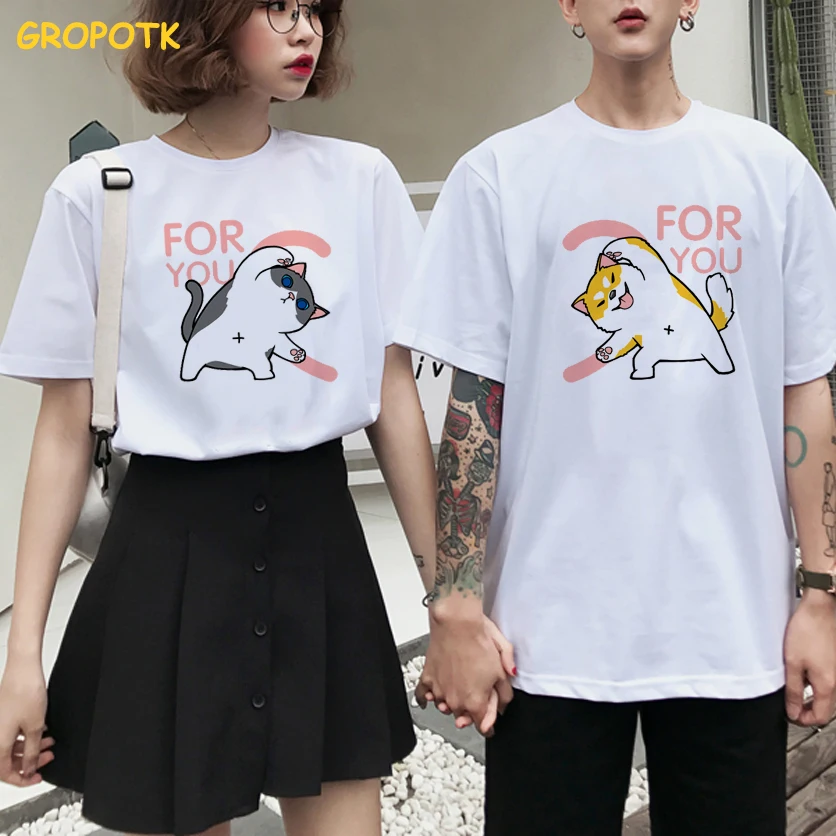 

Love for You Cat and Dog Prints Couple Clothes Summer 2019 Cotton Female T-shirt Kawaii Harajuku Paired T-shirts for Men Women
