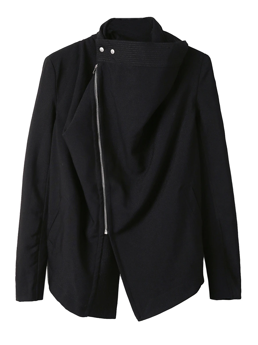 Greatest  [EAM] 2020 New Spring Stand Collar Long Sleeve Black Zipper Split Joint Irregular Jacket Women Coat
