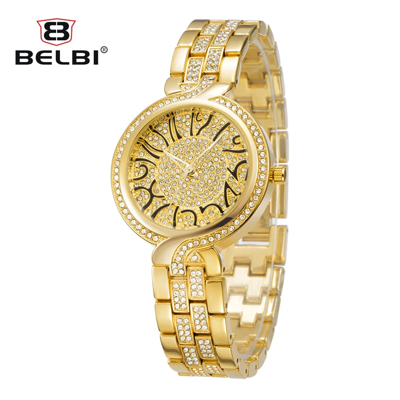 BELBI Watch Luxury Brand Women Quartz Watch Fashion Gold Steel Watch Full Rhinestone Dress Wristwatches Jewelry