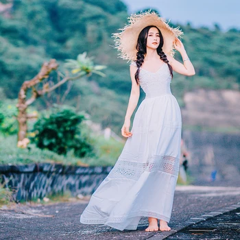 

Flower Strappy-backless White Maxi Dress Women Fashion Bohemian Dress Hollow Out Lace Party Dress Vestidos Mujer Robe Femme 2019