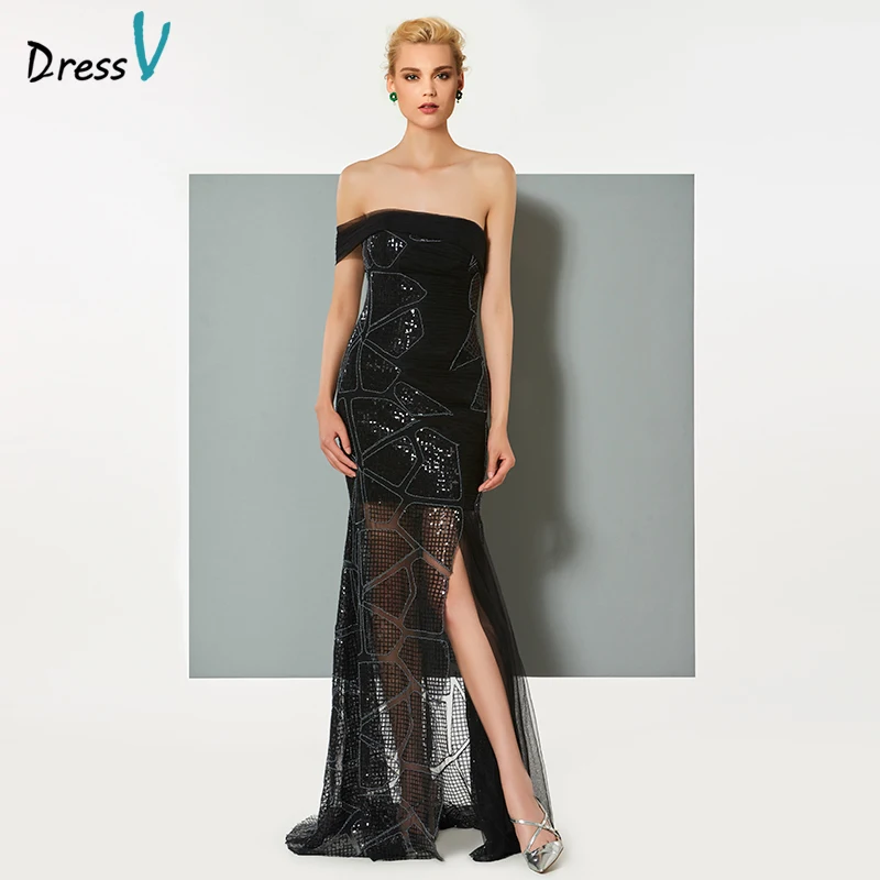 DressV Черный Сплит-передняя длинное вечернее платье Элегантные без бретелек