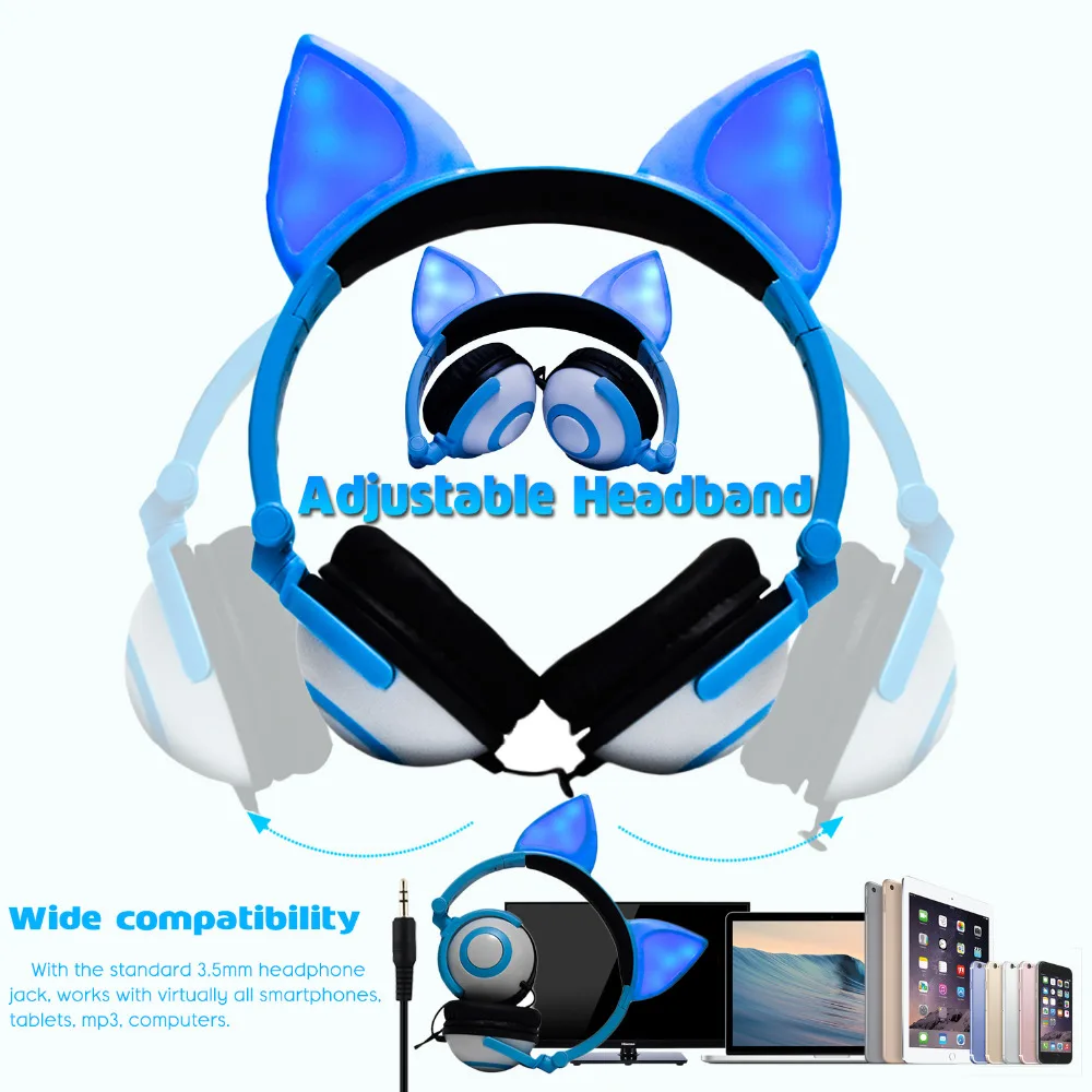JINSERTA Cute Kids Headphone Glowing Ear Headset with 3 5mm Audio Jack for Children Cat Headphones Christmas Birthday Gift