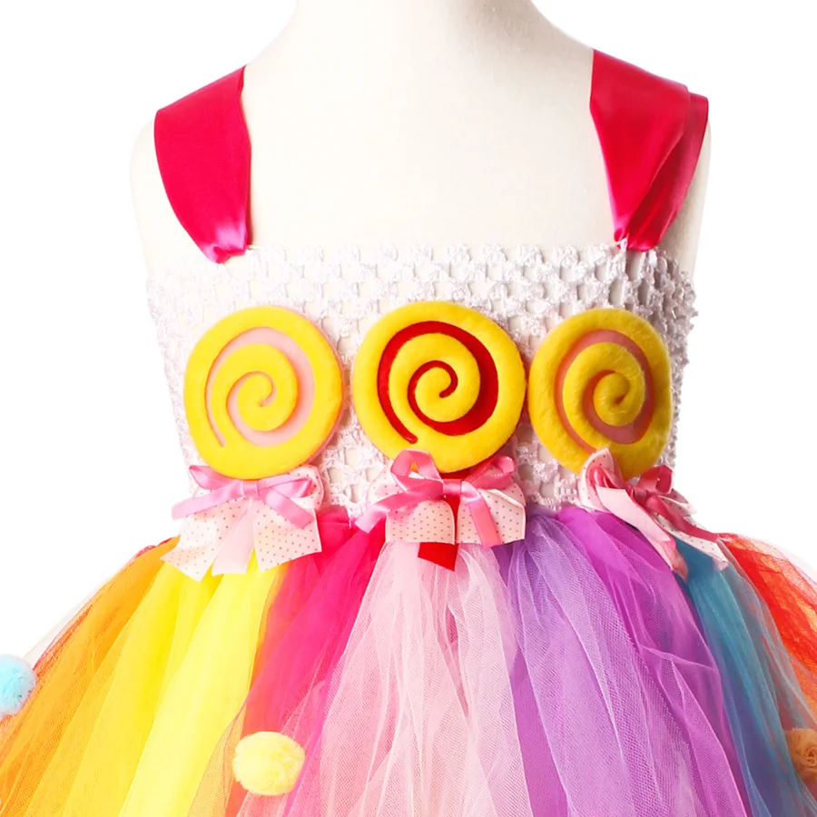 Girls Rainbow Fairy Tutu Dress Sweet Kids Candy Lollipop Dress Children Pom pom Dress for Birthday Outfit Lollipop Gown (8)