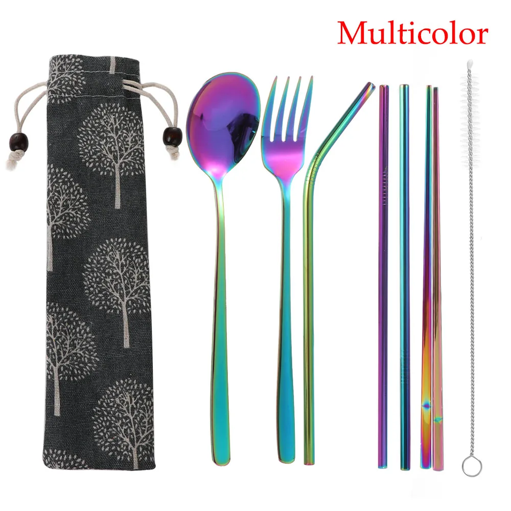 7PCS/Set Reusable Stainless Steel Metal Straw Portable Spoon Fork