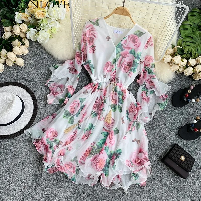 

OCEANLOVE Print Floral Women Dress Chiffon 2019 Summer Dresses A-line Sexy V-neck Flare Sleeve Vestidos Sweet Robe Femme 11770