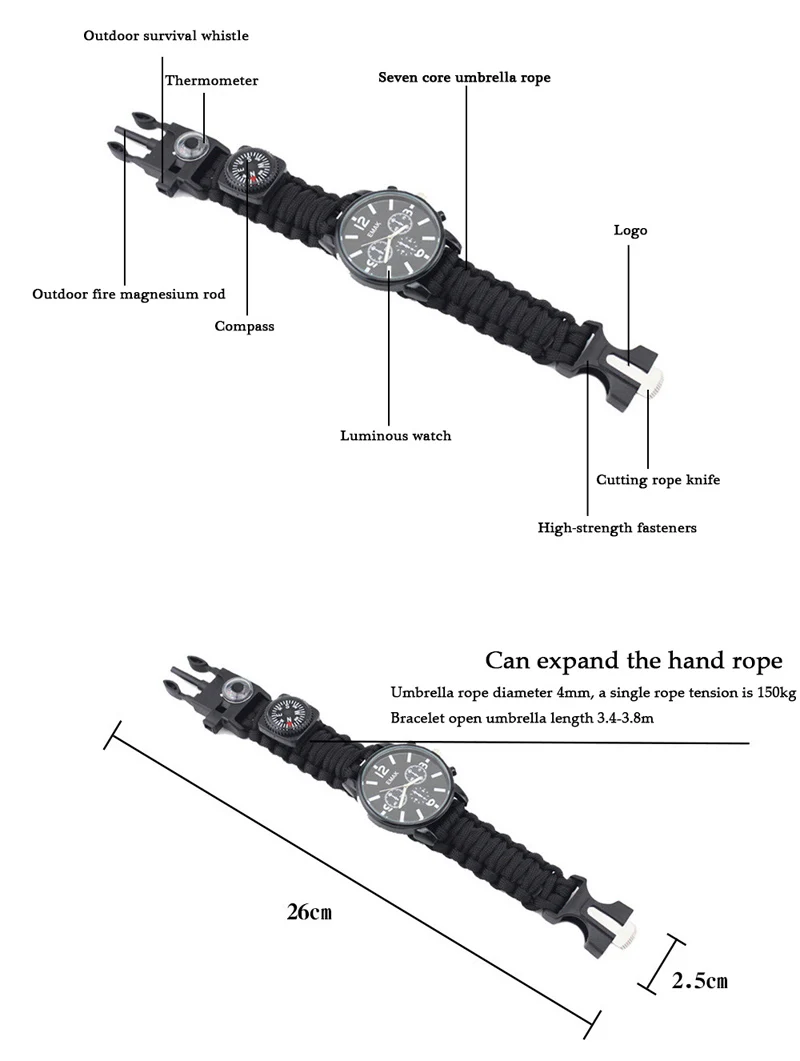 7 в 1 Мужские часы для выживания на открытом воздухе, набор инструментов для рыбалки, светящийся светильник, компас, спасательная веревка, Паракорд, браслет, аксессуары T45