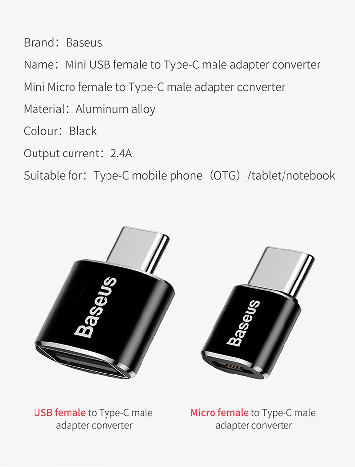Baseus Micro USB Type C OTG Adapter Mini usb c Male to Micro usb Female otg Adapter Micro USB to USB C for date transmission charger 100w