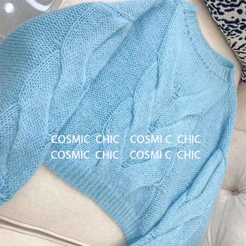 Cosmicchic Подиум Свободный вязаный ангорковый свитер большой пуловер с рукавами-фонариками свитер с петельками женский Осень