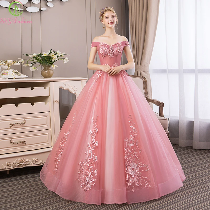 

SSYFashion New Quinceanera Dresses Sweet Pink Lace Flower Beading Floor-length Ball Gown Formal Party Dress Robe De Soiree