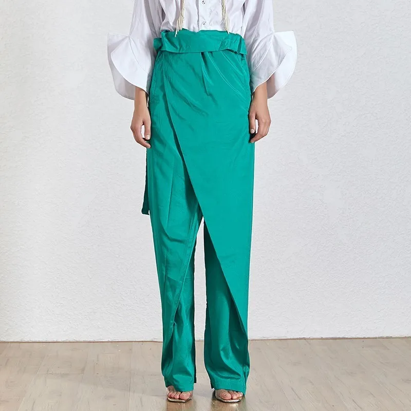 TWOTWINSTYLE, летние однотонные шифоновые брюки для женщин, высокая талия, оборки, шнурок, бандаж, широкие брюки, Женская мода - Цвет: green