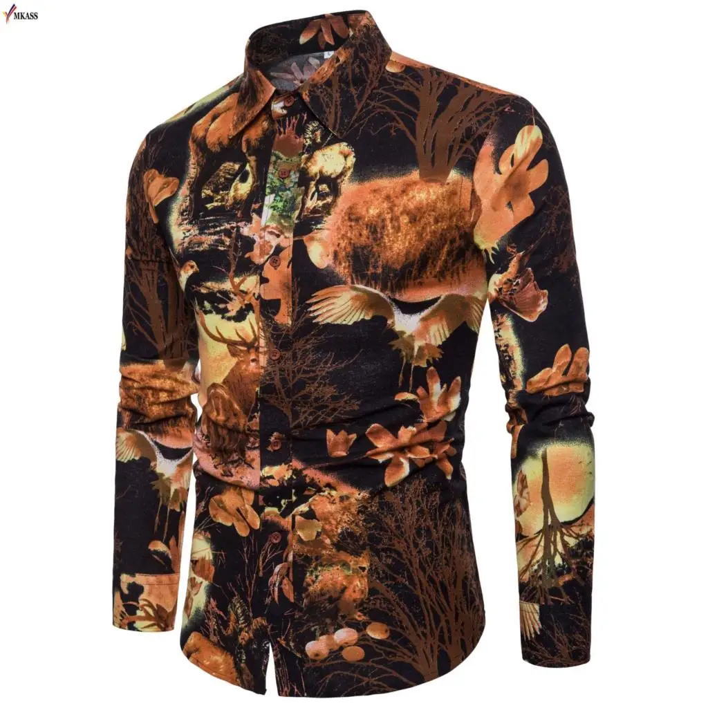 Hot Mens Fashion Trend Flower Shirt Spring Print Shirt Brand Clothes Flax Casual Business Hawaiian Long Sleeve Dress Shirts 5XL