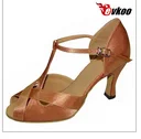 Evkoodance/Женская обувь для танцев из блестящего атласа или искусственной кожи; Каблук 7 см; обувь для латинских танцев; цвет коричневый, Серебристый; обувь на ваш выбор; Evkoo-079 - Цвет: Коричневый