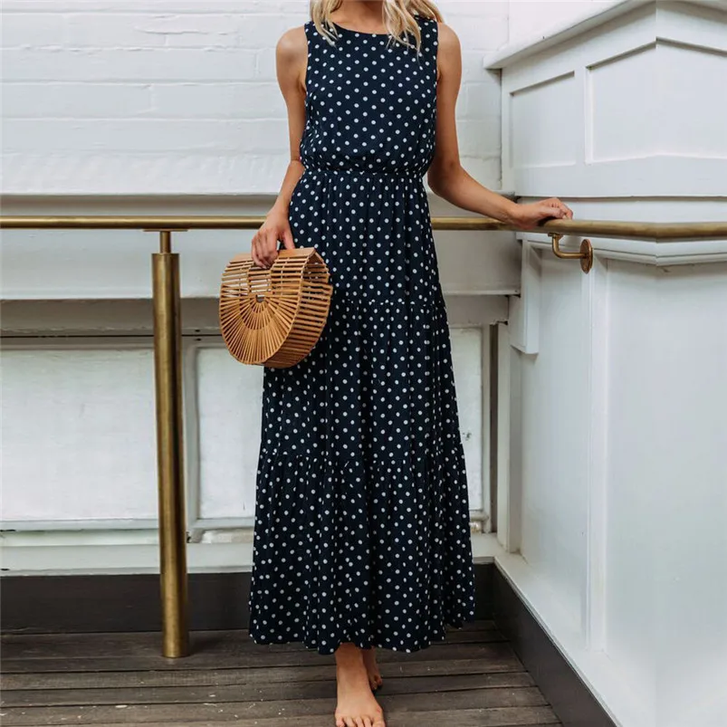 HOT summer dress 2018 beach dress Women Ladies Dot Printing Round Neck Sleeveless Evening Party Long Dress vestidos robe J08#N (6)