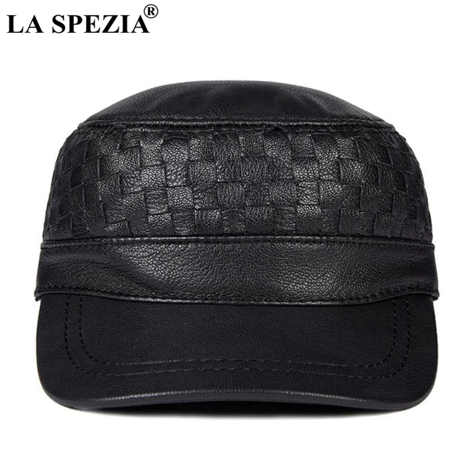LA SPEZIA Berretti Militari Degli Uomini di Nero Crochet Cap Capitano Dell'esercito Maschio Genuina Pelle Di Pecora In Pelle Vintage Autunno Regolabile Cappelli Da Marinaio
