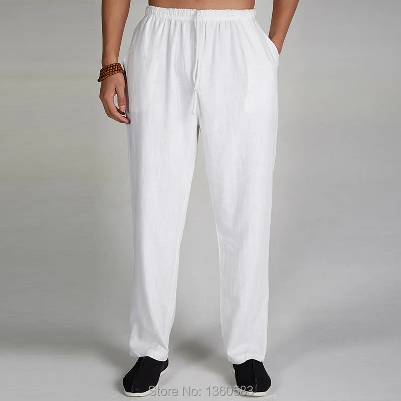 White Chinese Men Linen Kung Fu Pants Traditional Martial Arts Tai Chi ...